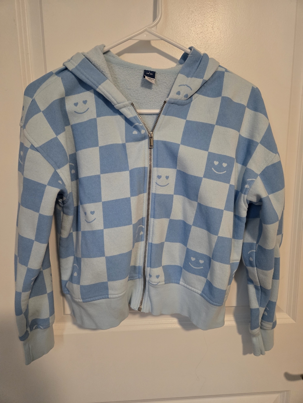 Old Navy Blue Checkered Zip-Up Hoodie with Smile Faces